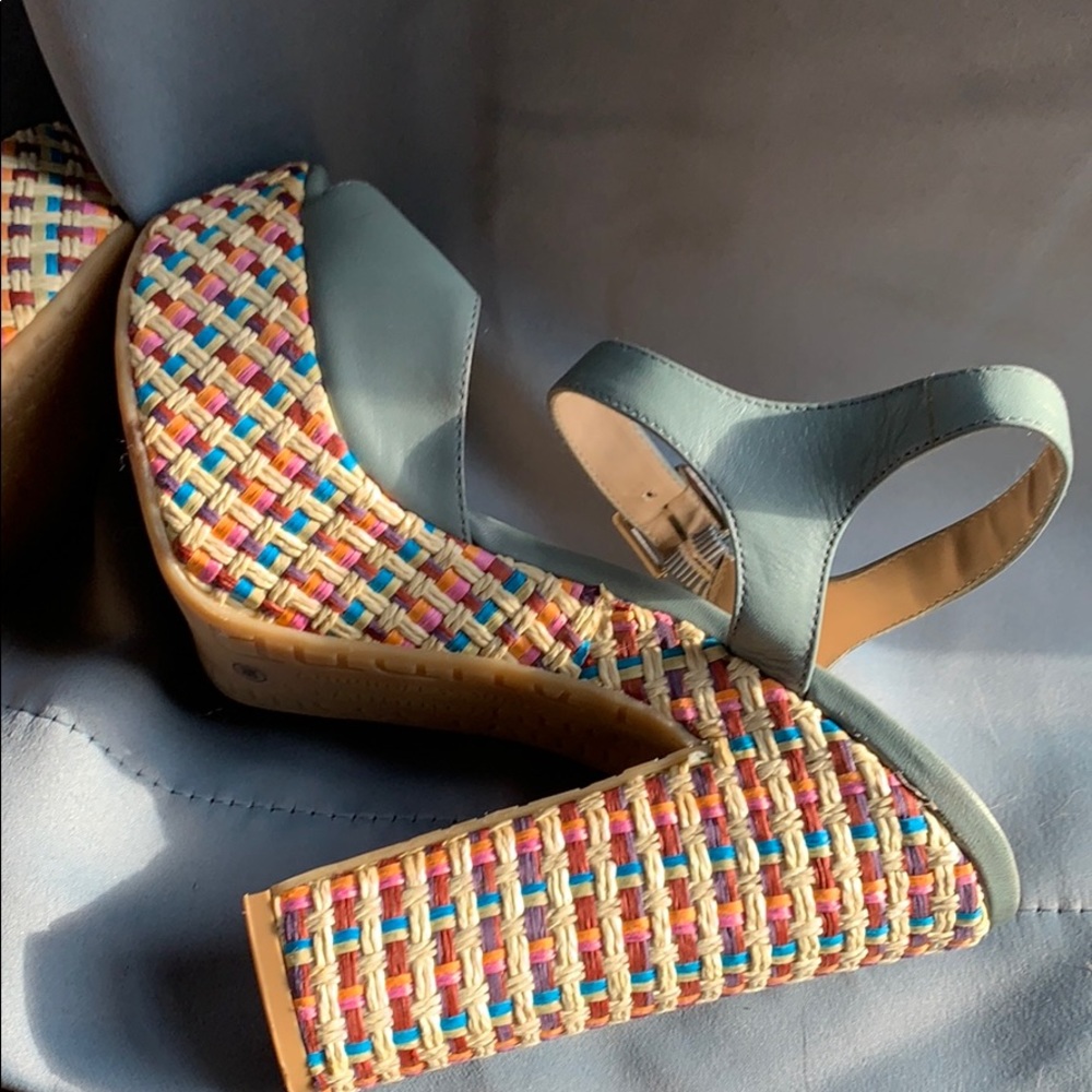 Chinese Laundry Teal Leather Platform Sandals with Multicolor Woven Heel - Picture 5 of 7